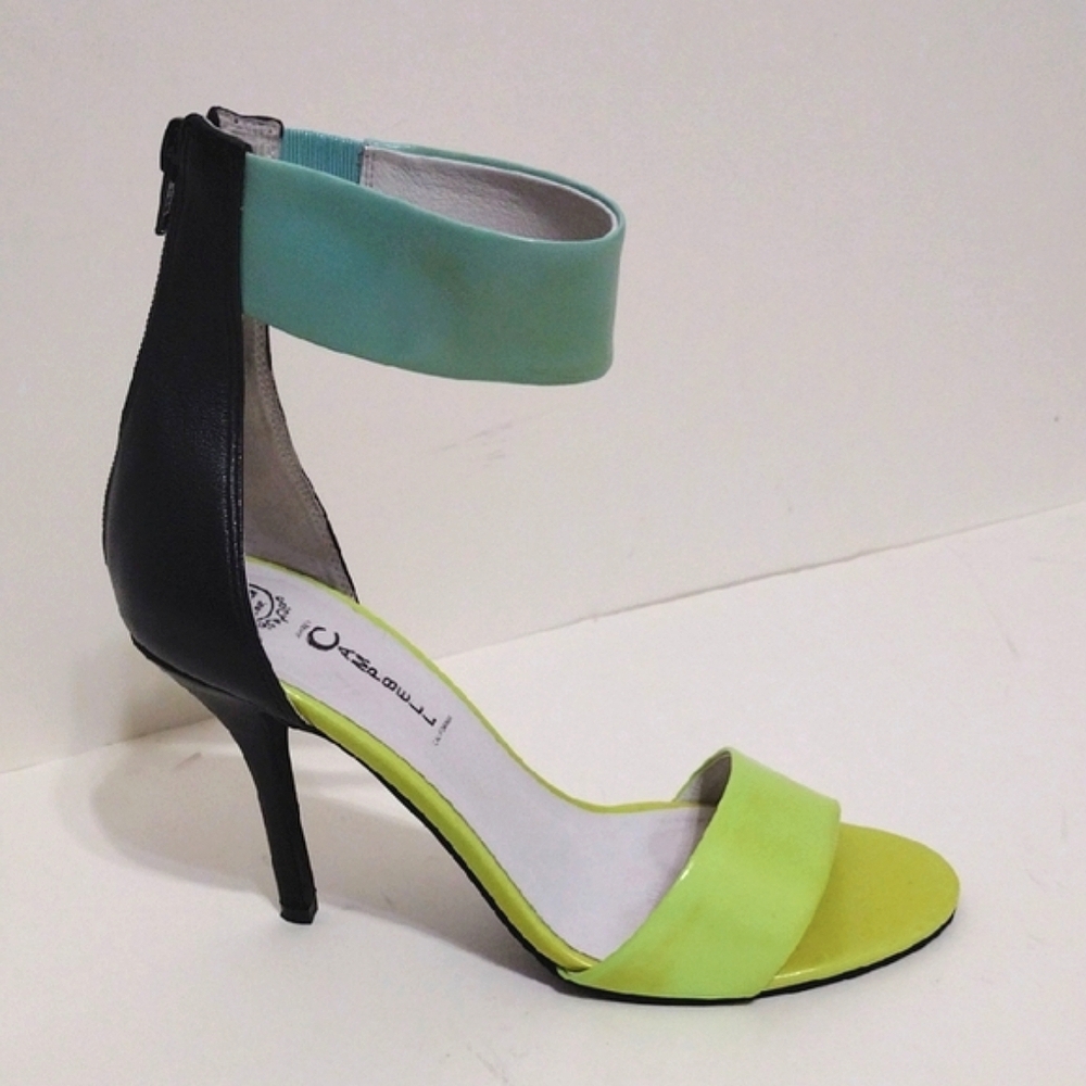 Jeffrey Campbell Glow-in-the-Dark Zip Back Ankle Strap Leather Stiletto Heels 9